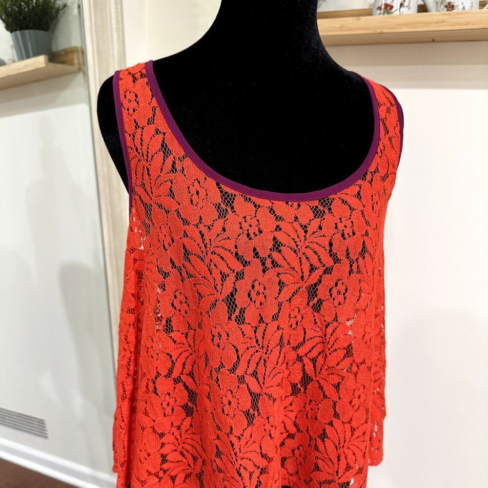 Burnt Orange Sheer Lace Tank Top with Purple Piping Women's Size Medium - Picture 3 of 5